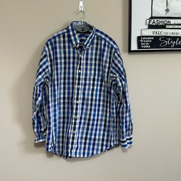 J. Mclaughlin Shirt Men Medium Button Up Long Sleeve blue checkered casual - Picture 1 of 6